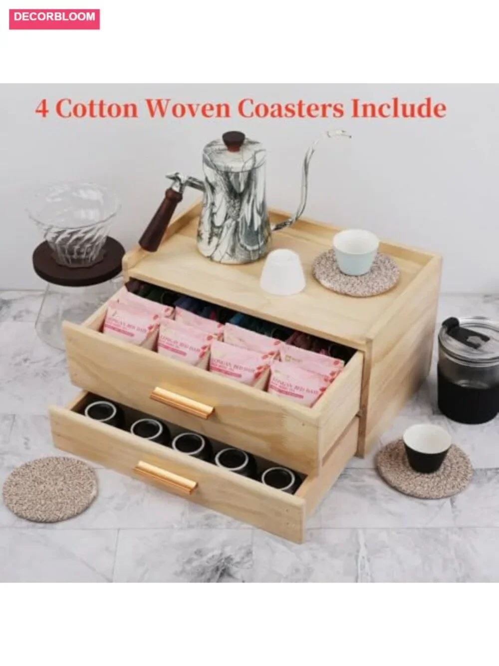 Wooden Tea Organizer with Drawer, 8 Compartments, Tea Bag Holder, Includes